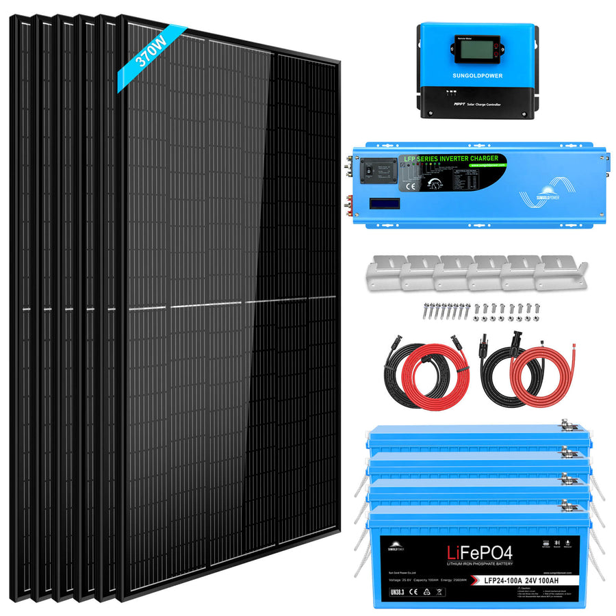 Sun Gold Power Off Grid Solar Kit 6000W 24VDC 120V/240V LiFePO4 10.24KWH Lithium Battery 6 X 370 Watt Solar Panels SGK-PRO62