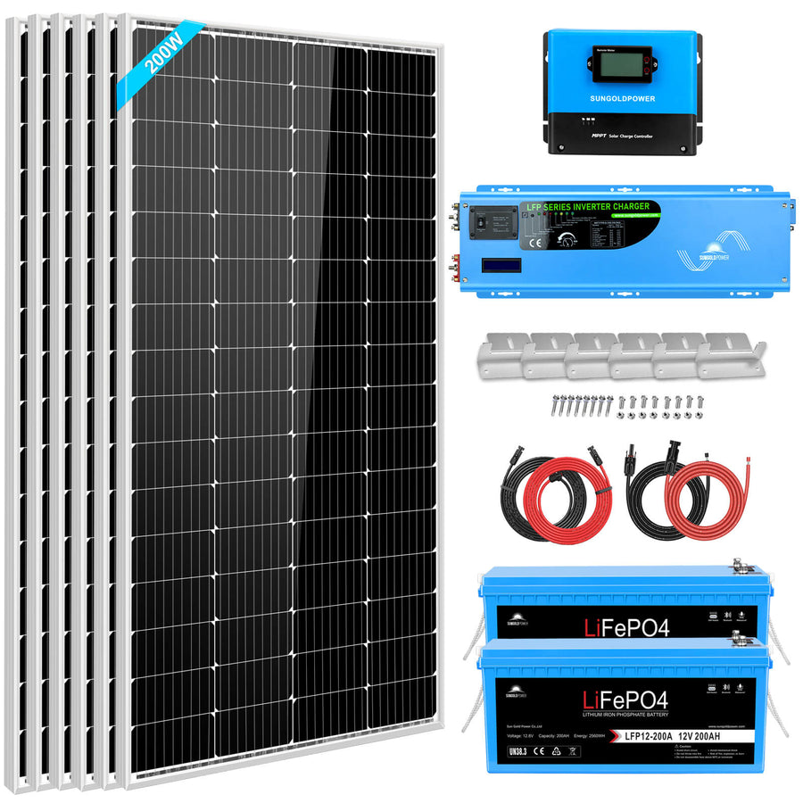 Sun Gold Power Off Grid Solar Kit 4000W Inverter 12VDC 120V/240V LiFePO4 Battery 1200 Watt Solar Back Up SGK-PR4S