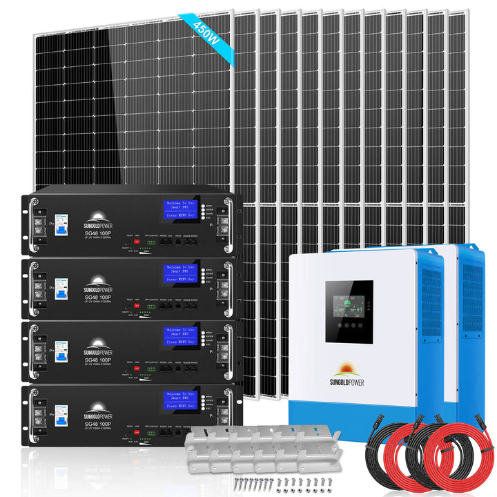 Sun Gold Power Off Grid Solar Kit 10000W 48VDC 120V/240V LifePO4 20.48KWH Lithium Battery 12 X 450 Watts Solar Panels SGR-10K2M