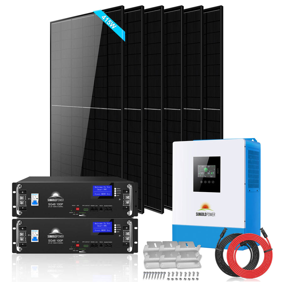 Sun Gold Power Off-Grid Solar Kit 5000W 48VDC 120V LifePo4 10.24KWH Lithium Battery 6 X 415 Watts Solar Panels SGR-5KE