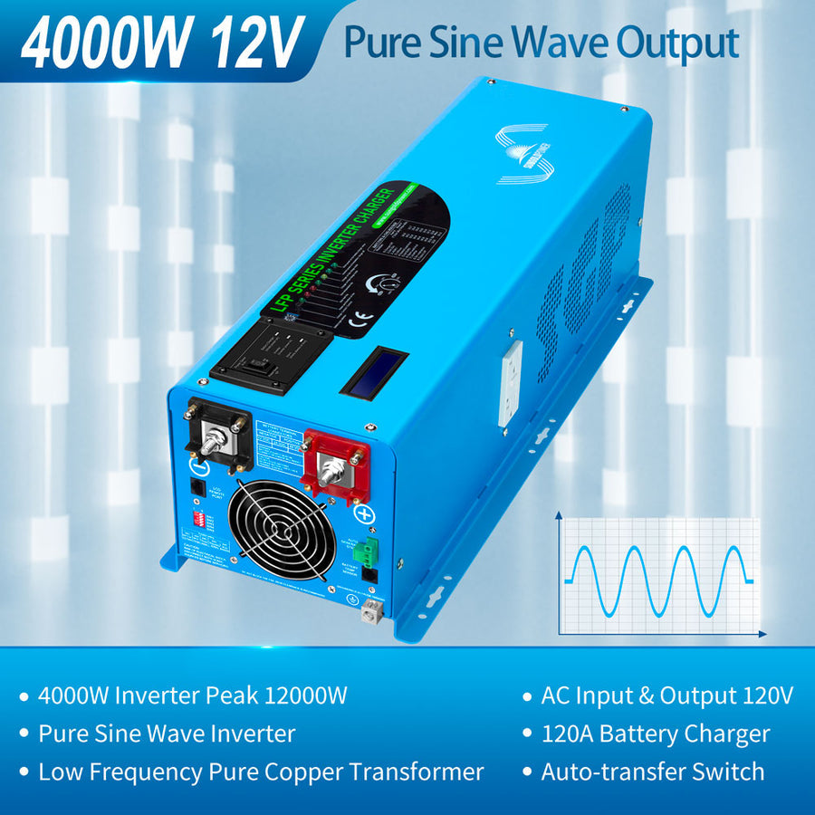Sun Gold Power Off Grid Solar Kit 4000W Inverter 12VDC 120V/240V LiFePO4 Battery 1200 Watt Solar Back Up SGK-PR4S