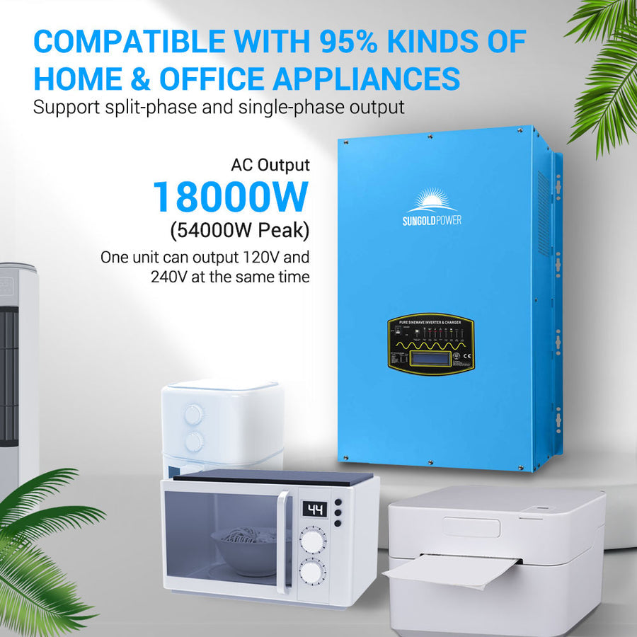 Sun Gold Power Off-Grid Solar Kit 18000W 48VDC 120V/240V LifePo4 20.48KWH Lithium Battery 18 X 415 Watts Solar Panels SGR-18K20E