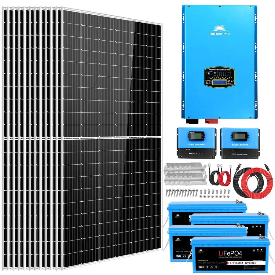 Sun Gold Power Complete off Grid Solar Kit 12000W 48V 120V/240V output 10.24KWH Lithium Battery 5400 Watt Solar Panel SGK-12MAX
