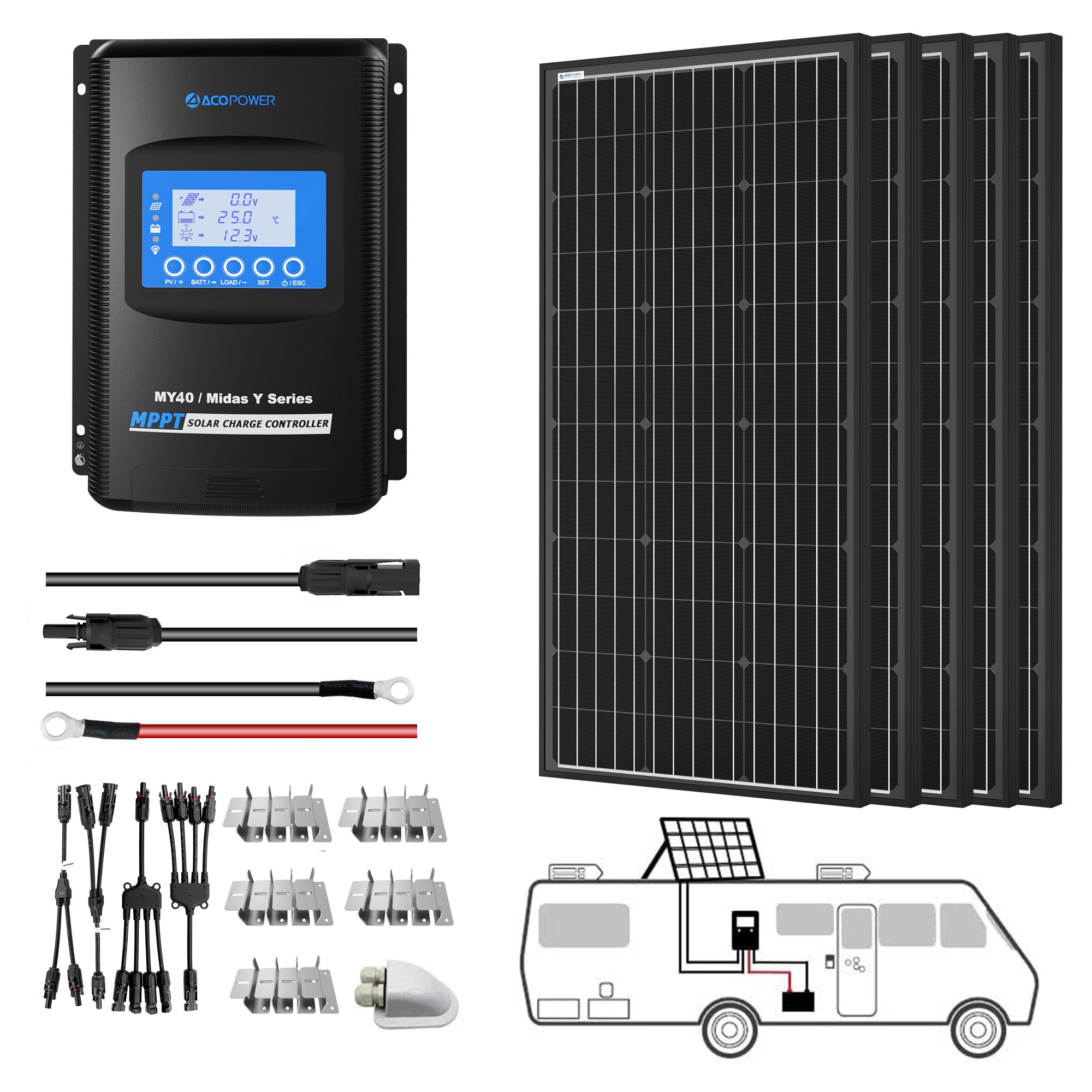 ACOPOWER 500W Mono Solar RV Kits, 40A MPPT Charge Controller (5x100W 40A)