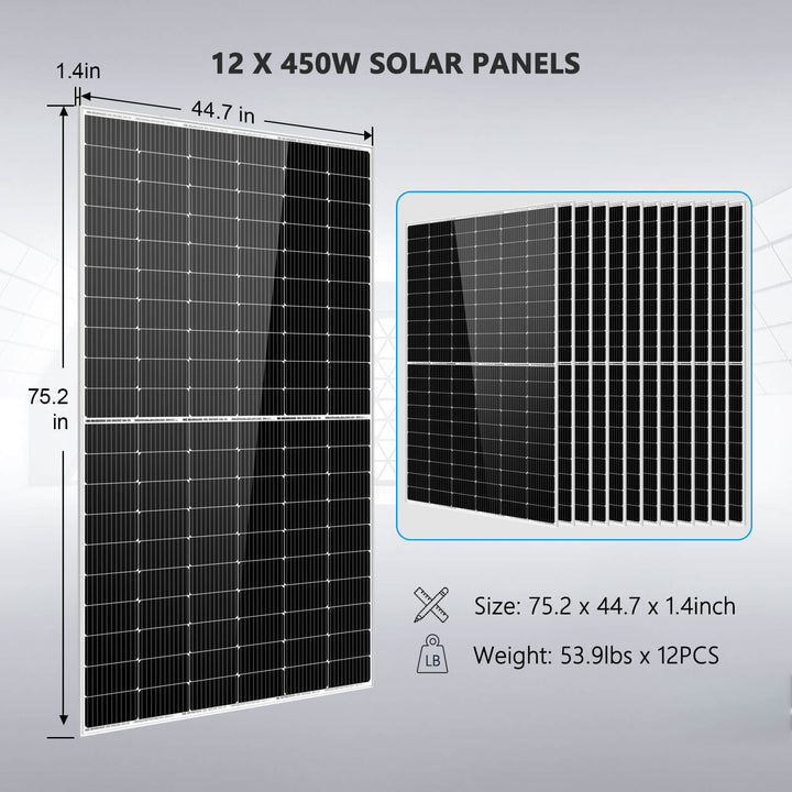 Sun Gold Power Off Grid Solar Kit 10000W 48VDC 120V/240V LifePO4 20.48KWH Lithium Battery 12 X 450 Watts Solar Panels SGR-10K2M