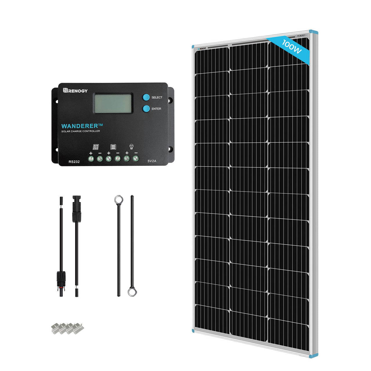 Renogy 100W 12V Monocrystalline Solar Starter Kit w/Wanderer 10A Charge Controller