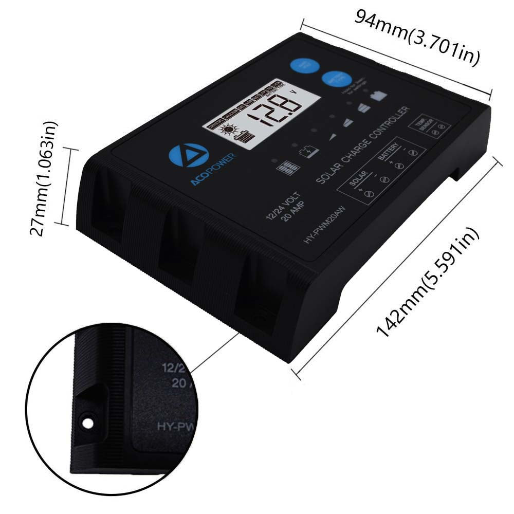 ACOPOWER 200 Watt 12 Volt  Monocrystalline Solar RV Kit w/ 20A PWM Charge Controller (1x200W 20A Kit)