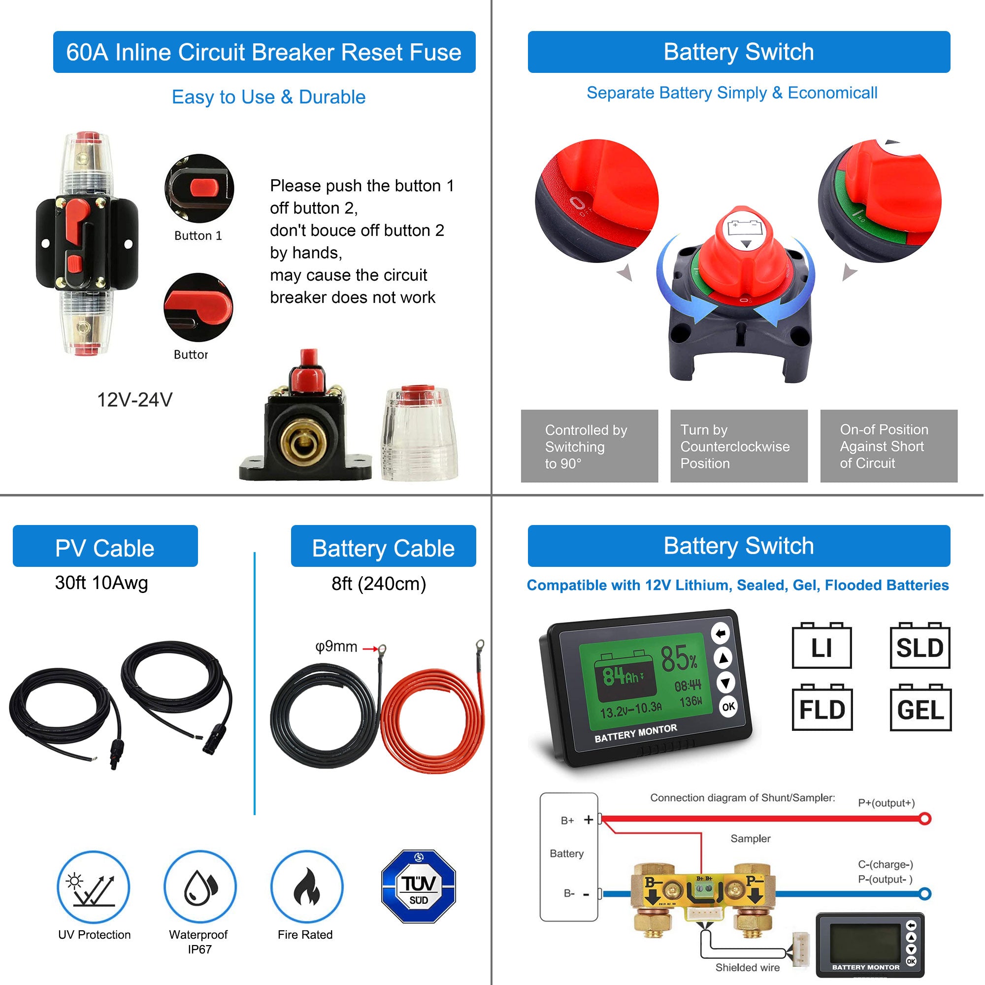 ACOPOWER Lithium Battery Poly Solar Power Complete System with Battery and Inverter for RV Boat 12V Off Grid Kit